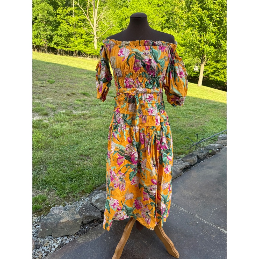 Anthropologie love the Label Yellow Floral Smocked Off Shoulder Midi Dress Small